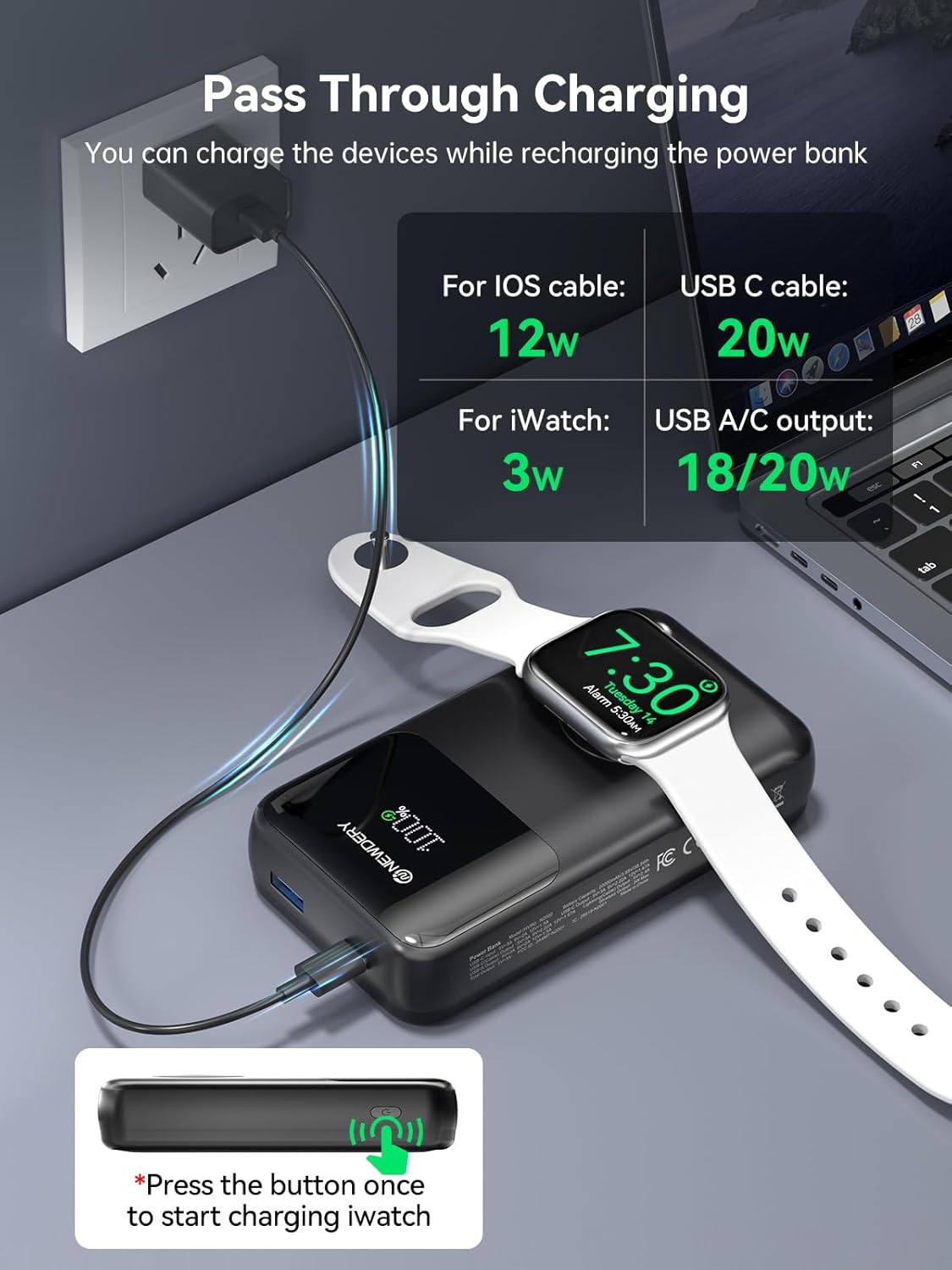 NEWDERY Powerbank für Apple Watch & iPhone Ladegerät 20000mAh Drahtloses Ladestation Power Bank, Schnelles Laden Externes Akkupack tragbarer Reiseakku für iPhone 15/14/13/12 Serie, iWatch Ultra/9-1