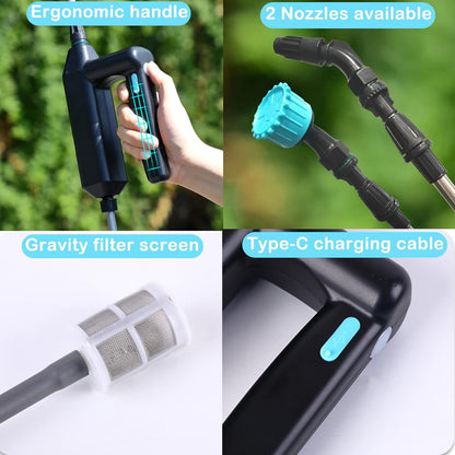 DOUBFIVSY Drucksprüher Elektrisch, Pflanzensprüher, Gartensprüher Sprühlanze mit 3 Düsen und 5m Schlauch, Wiederaufladbar USB, Sprühgerät für Pflanzenschutz zum Unkraut jäten im Garten (7,2V Sprühlanze)
