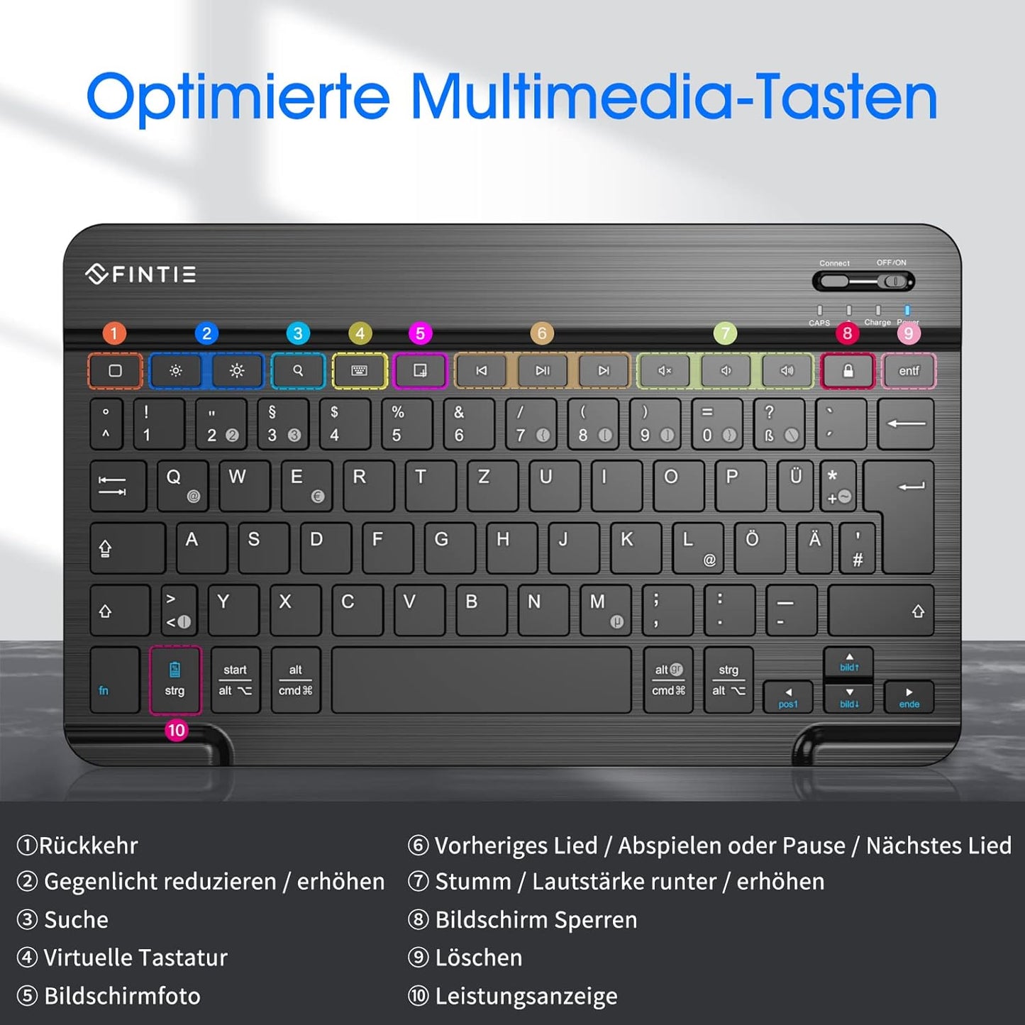 FINTIE Ultradünn Bluetooth Tastatur mit deutschem Layout QWERTZ für iPad Air/Pro/Mini/iPad 10.9/10.2/9.7/iPhone/Samsung/Android, Schwarz