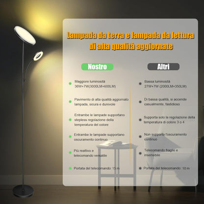 LED Stehleuchte Deckenfluter, 3600LM 42W Moderne Stehleuchten avec lampes LED plus lumineuses, 2700K-6500K Stufenlos Dimmbare Stehlampe avec Fernbedienung &amp; Touch Control für Wohnen [Classe énergétique F]
