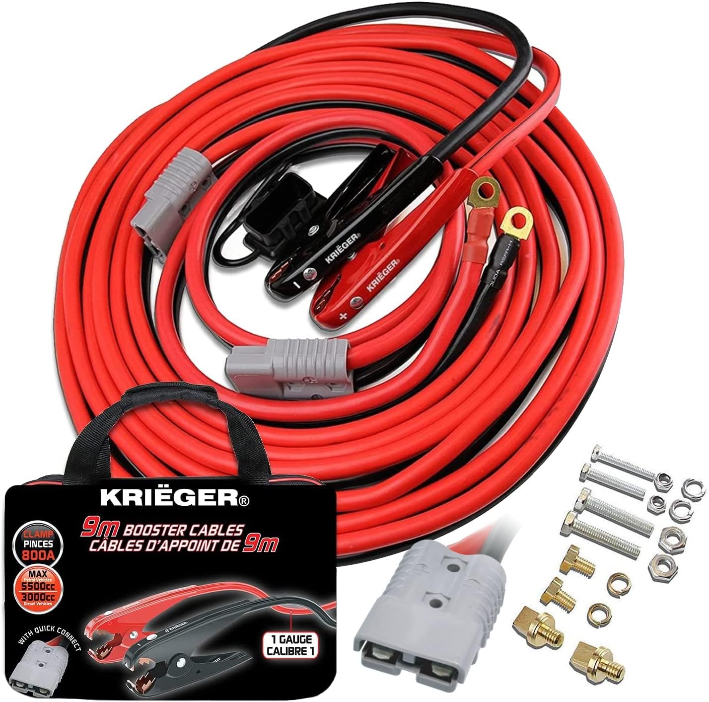 K KRIËGER Krieger Starthilfekabel, 9m 50mm² 800A Tragbarer Autobatterie-Booster mit Cable clamps. Câble de démarrage et Überbrückungskabel pour voiture et LKW. Câble de démarrage KFZ avec protection contre les surtensions