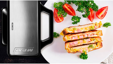 MPM - MOP-45M - Appareil à croque-monsieur - Grille-pain - Pour 4 sandwichs/paninis - Boîtier stable et autonome - Plateaux anti-casse - Contrôle automatique de la température - Électrique - Noir