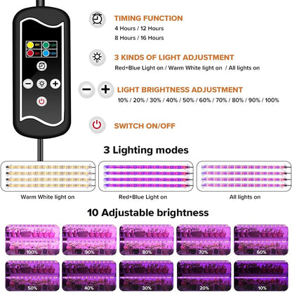 LED Planzen-Wachstums-Lichtstreifen, Vollspektrum für Zimmerpflanzen mit automatischem Ein-/Aus-Timer, 36 W &amp; 3 dimmbare Stufen, Solar-Licht-Wachslampe, für Gartenregale, Hydrokulturen, Sukkulenten, 4 Stück