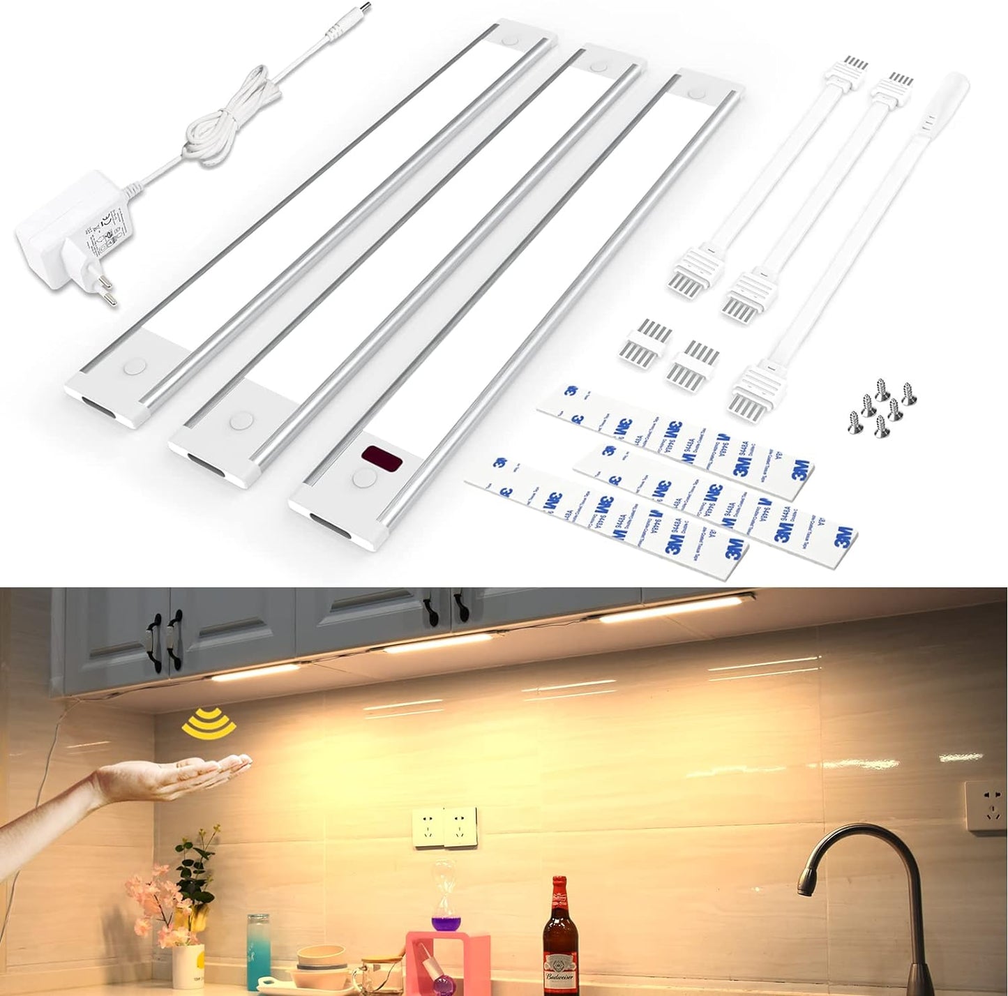 wobsion Unterbauleuchte Küche LED dimmbar mit berührungslosem Sensor, Küchenleuchte Unterbau LED 30 cm x 3 Stück in Warmweiß 3000 K, ultradünne LED-Lichtleiste Küche für Kleiderschrank, Vitrine [Energieklasse G]