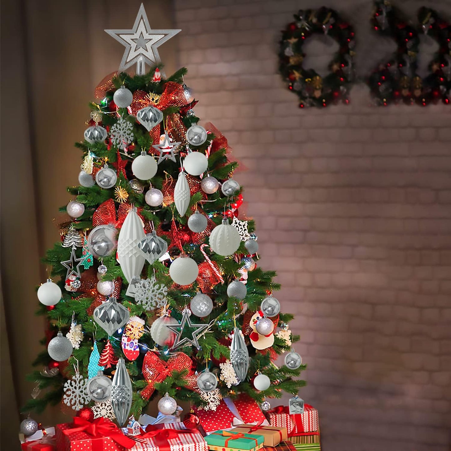 Amidian Weihnachtsschmuck, 100-teiliges Weihnachtskugel-Ornament-Set für Festivals, Partys, Aktivitäten im Innen- und Außenbereich (Silber + Weiß, 100)