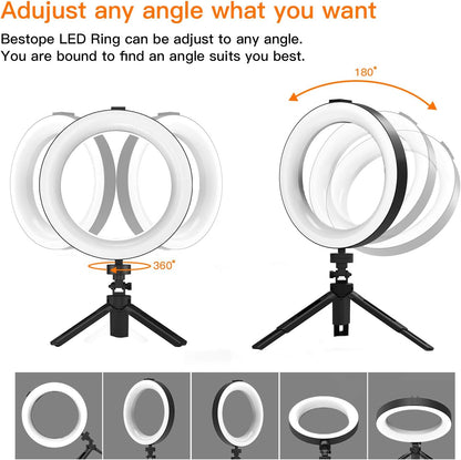 Anneau lumineux à selfie BESTOPE 8" avec support miroir et commande pratique par licol, 3 modes d'éclairage et 10 lumières, anneau lumineux LED pour vidéo YouTube/diffusion en direct pour iPhone/Android