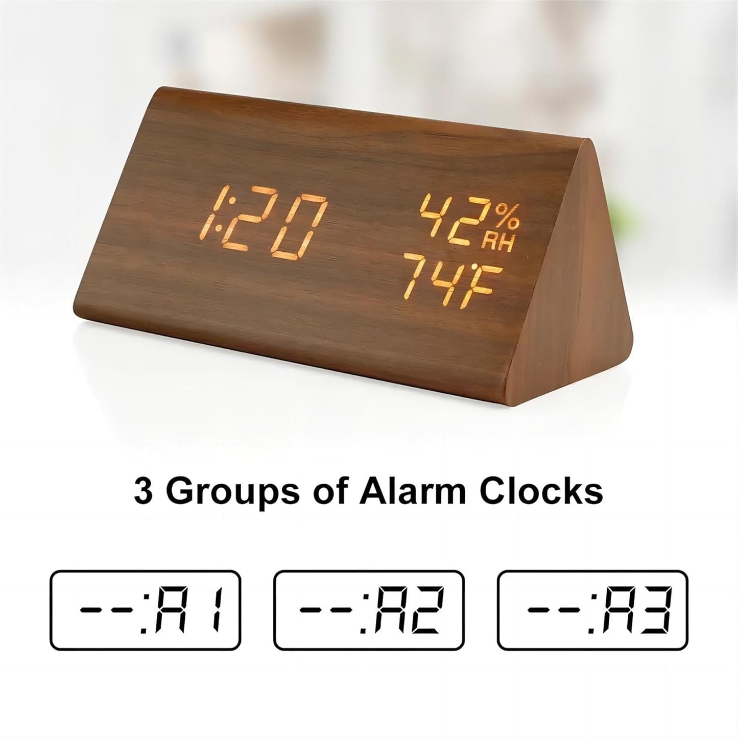 Fibisonic Digitaler Wecker aus Holz, 12/24-Stunden-Temperatur- und Luftfeuchtigkeitsanzeige, Tonaktivierung, 3 Helligkeitsstufen, batteriesbetrieben, Bürouhren für Zuhause andd