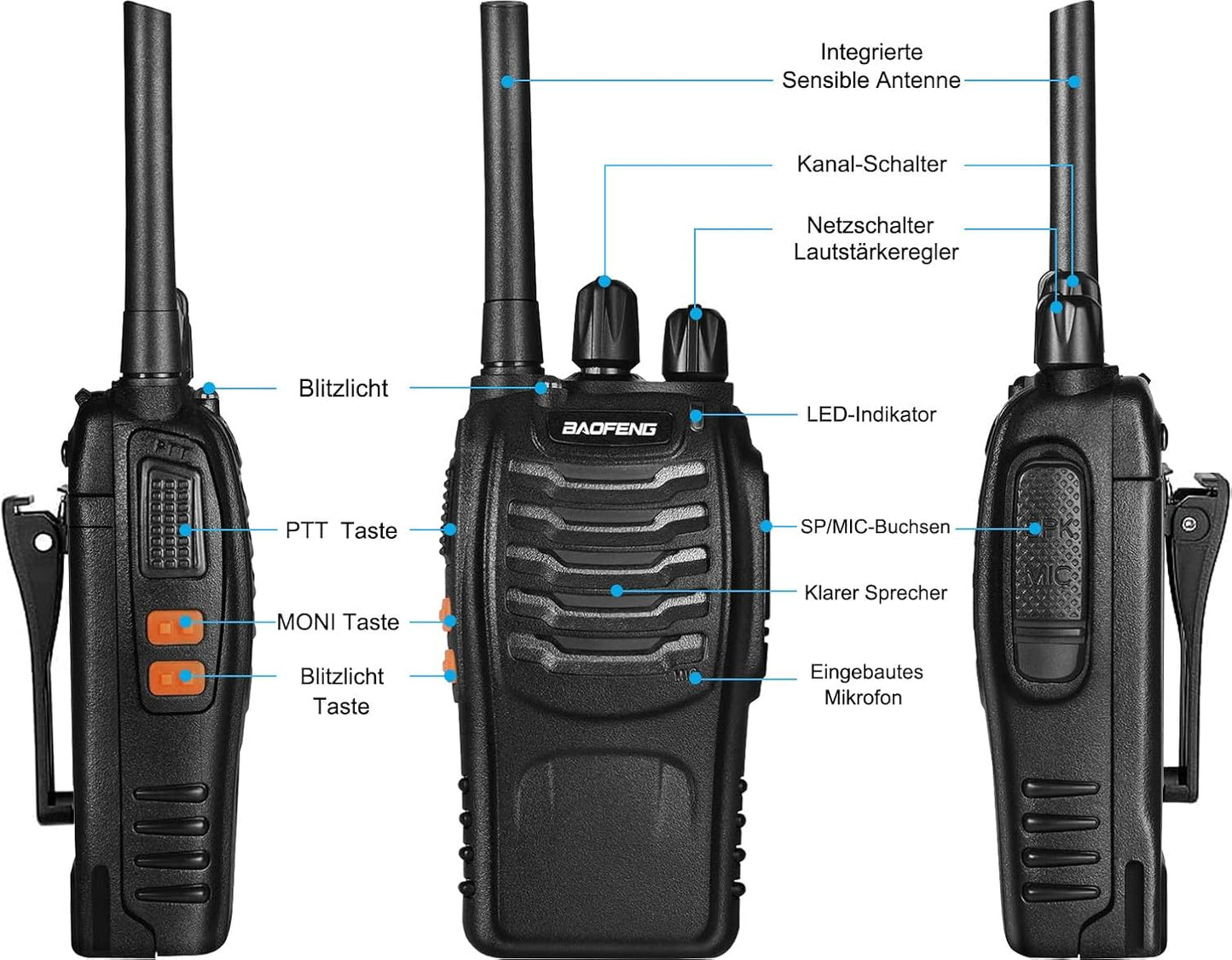 Baofeng Walkie Talkies Funkgerät PMR446 Zwei-Wege-Radio Professionelle Gegensprechanlage 16 Kanäle Funkempfänger Sende- und Empfangsgerät,Inklusive Akku, Headset und USB-Ladestation(3 Stück)