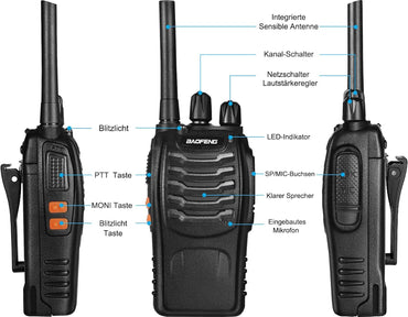 Baofeng Talkie Walkie Funkgerät PMR446 Deux radios professionnelles Dataprechanlage 16 Kanäle Funkempfänger Sende- und Empfangsgerät, Inklusive Akku, Headphone and USB-Chargestation (3 Pieces)