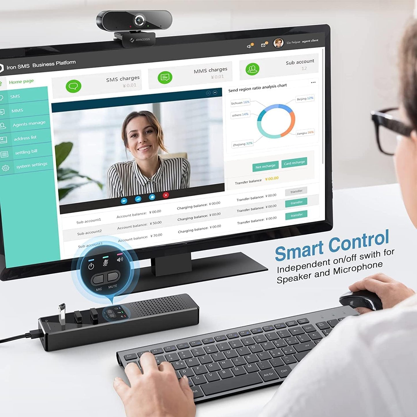 Haut-parleur d'ordinateur avec microphone, haut-parleur PC compatible USB JOYACCESS pour bureau à domicile intelligent et apprentissage en ligne, haut-parleur d'ordinateur 3 en 1 portable et externe avec hubs, Plug &amp; Play.