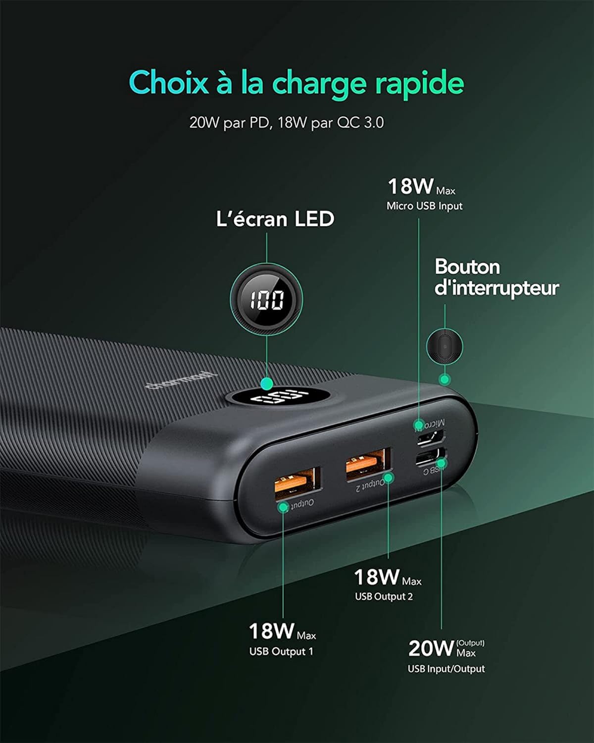 Charmast Externer Akku 30000 mAh Tragbarer Akku USB C 20 W Schnellladung QC 3.0 Powerbank mit 3 Ausgängen und 2 Eingängen Kompatibel mit Telefon iPhone 12 13 X 8 7, Samsung S 20 21 22, Huawei