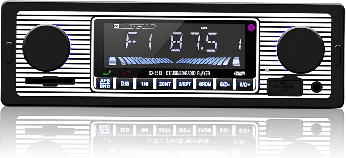 Oldtimer-Stereoanlage, Bluetooth-Autoradio, 2 Knöpfe, Einzel-DIN, 60WX4, FM, Freisprech-Autoradio, Oldtimer-MP3, AUX, USB, U-Disk-Audio mit Fernbedienung