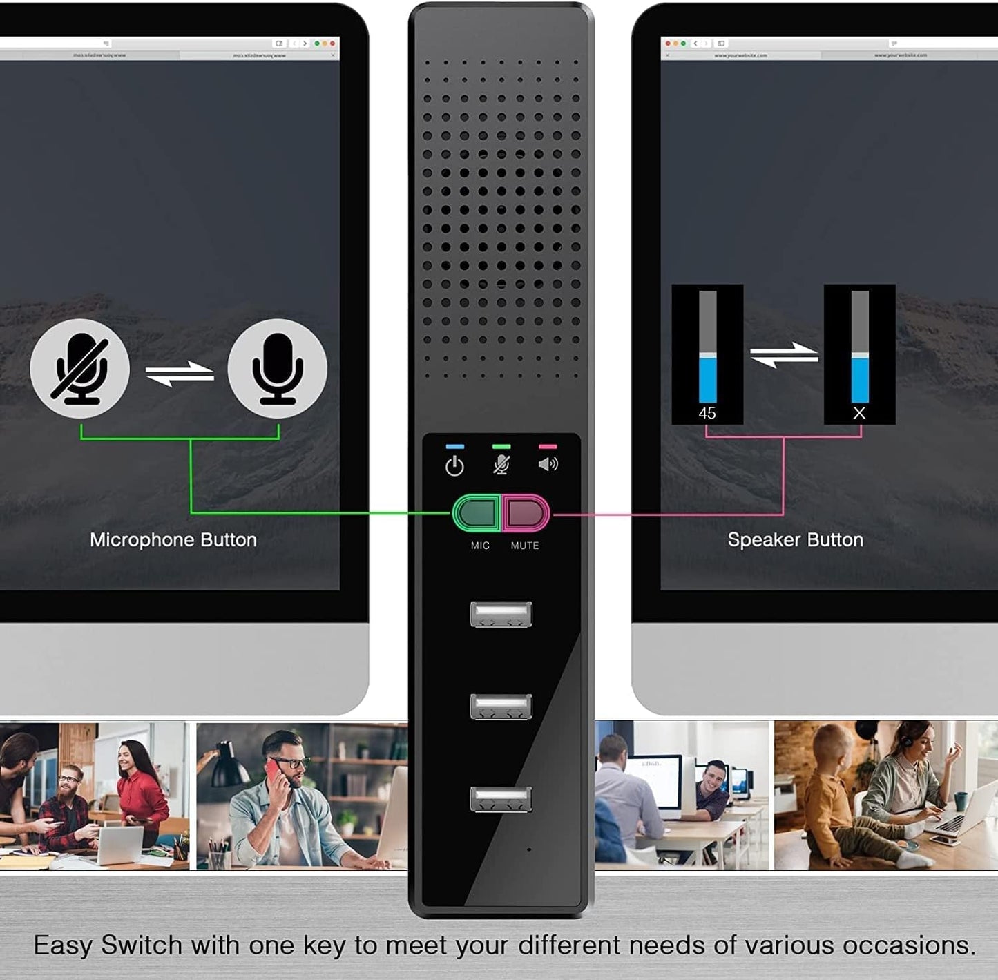 Haut-parleur d'ordinateur avec microphone, haut-parleur PC compatible USB JOYACCESS pour bureau à domicile intelligent et apprentissage en ligne, haut-parleur d'ordinateur 3 en 1 portable et externe avec hubs, Plug &amp; Play.