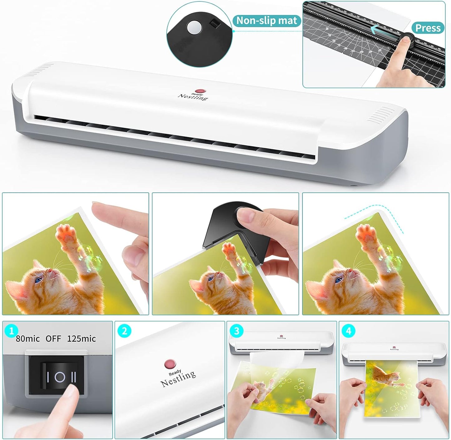 Nestling Laminiergerät A3 A4, geräuschloses Laminieren 80-125mic, kompaktes Gehäuse, geschnittene Pappe und 10 Testhüllen OL341