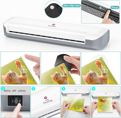 Nestling Laminiergerät A3 A4, geräuschloses Laminieren 80-125mic, kompaktes Gehäuse, geschnittene Pappe und 10 Testhüllen OL341