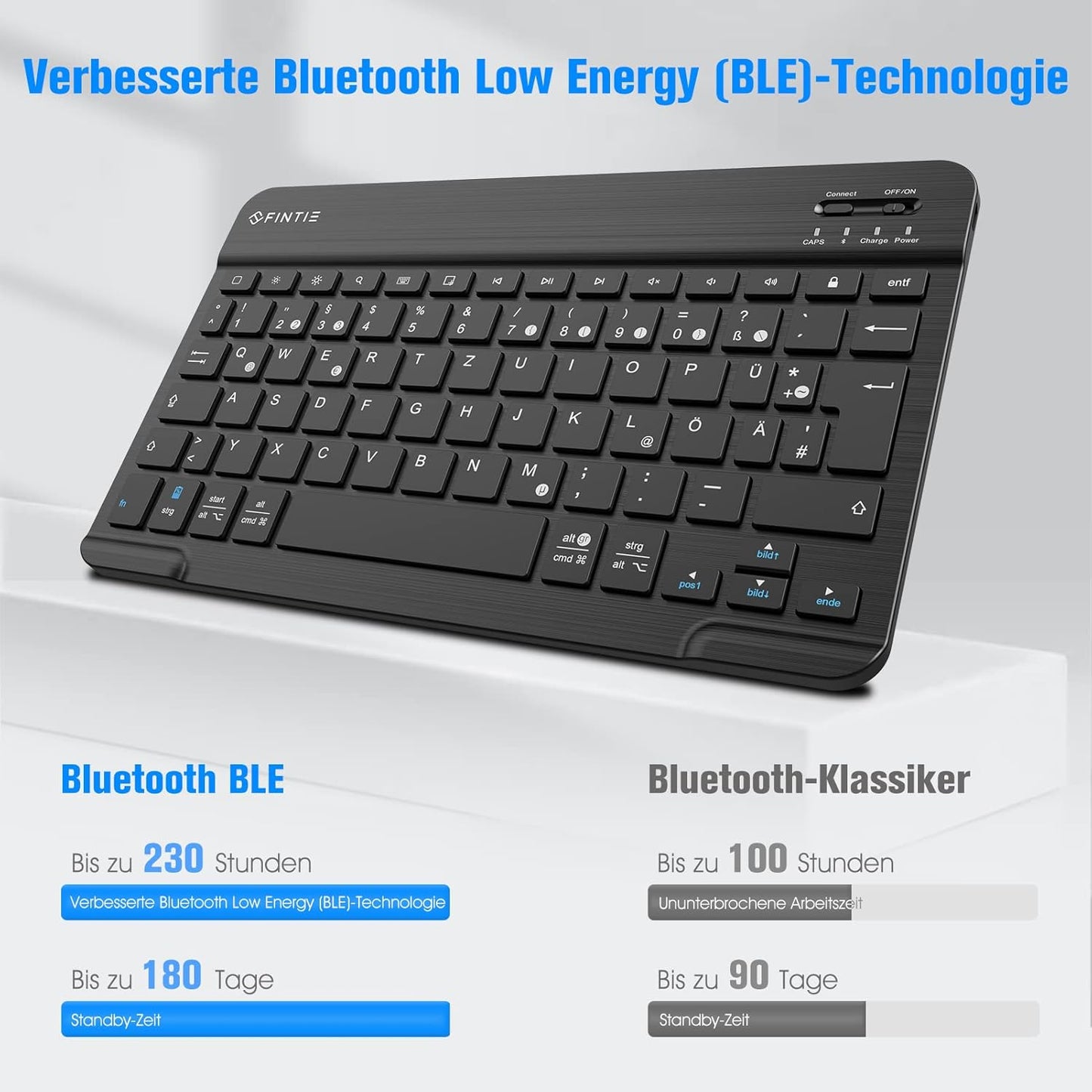FINTIE Ultradünn Bluetooth Tastatur mit deutschem Layout QWERTZ für iPad Air/Pro/Mini/iPad 10.9/10.2/9.7/iPhone/Samsung/Android, Schwarz