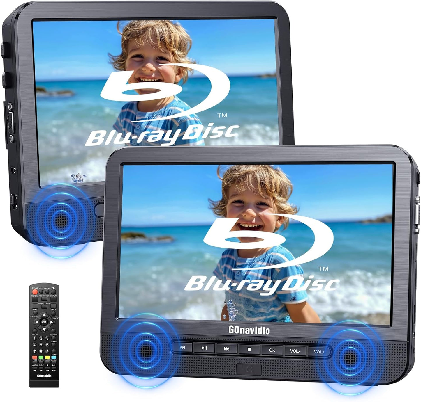 GOnavidio Blu Ray DVD Player Auto 2 Bildschirme 10,5" Mit 5 Stunden Akku HDMI-Ausgang, tragbarer Bluray DVD Player Auto Fernseher, Surround-Sound Effekt Mit AV IN- und AV Out-Funktion