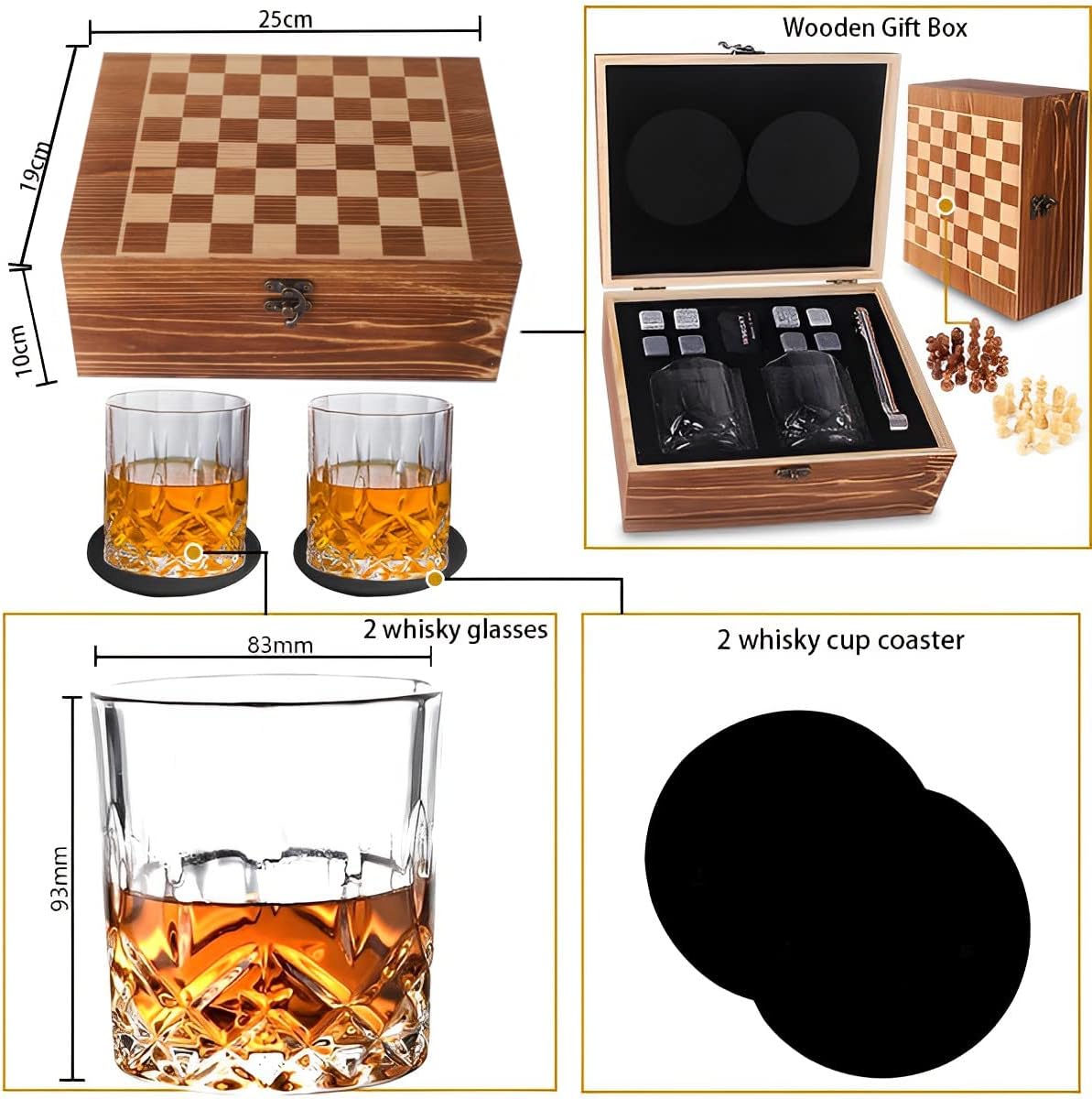 ZBPASL Whisky-Geschenkset für Männer, 8 Whisky-Steine mit 2 Whisky-Gläsern, Whiskyglas, Eiszange mit Holzbox (Stil 01)