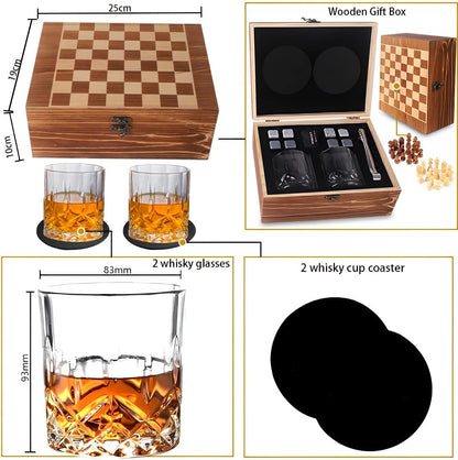 ZBPASL Whisky-Geschenkset für Männer, 8 Whisky-Steine mit 2 Whisky-Gläsern, Whiskyglas, Eiszange mit Holzbox (Stil 01)