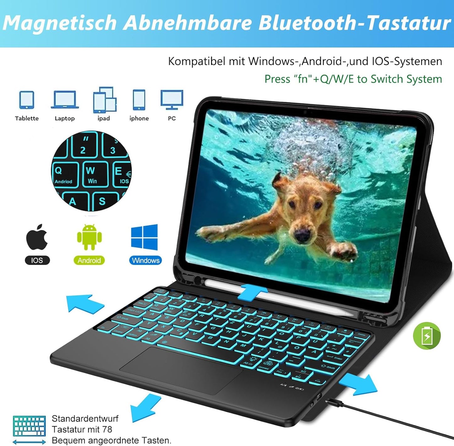 AVNICUD Tastatur für iPad 10 Generation 2022 10.9"/A16 11 Generation 2025 mit Touchpad, Hülle mit Tastatur für iPad 10 2022 Beleuchtete Magnetische Bluetooth Abnehmbare QWERTZ, Schwarz