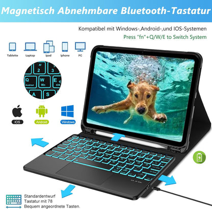 AVNICUD Tastatur für iPad 10 Generation 2022 10.9"/A16 11 Generation 2025 mit Touchpad, Hülle mit Tastatur für iPad 10 2022 Beleuchtete Magnetische Bluetooth Abnehmbare QWERTZ, Schwarz
