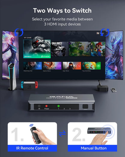 HDMI Switch 3 in 1 Out 4K @ 60Hz, GANA HDMI Splitter mit Fernbedienung, kompatibel mit PS5/4/3 Xbox Nintendo Switch Roku TV Fire Stick
