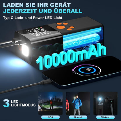 Qıngque CZK-5611 Pompe à air de voiture Akku-Luftpumpe, Kompressor, Akku-Pumpe, électrique, 150 PSI, 10000 mAh, Akku-Kompressor variable avec écran LCD numérique, impression (noir)
