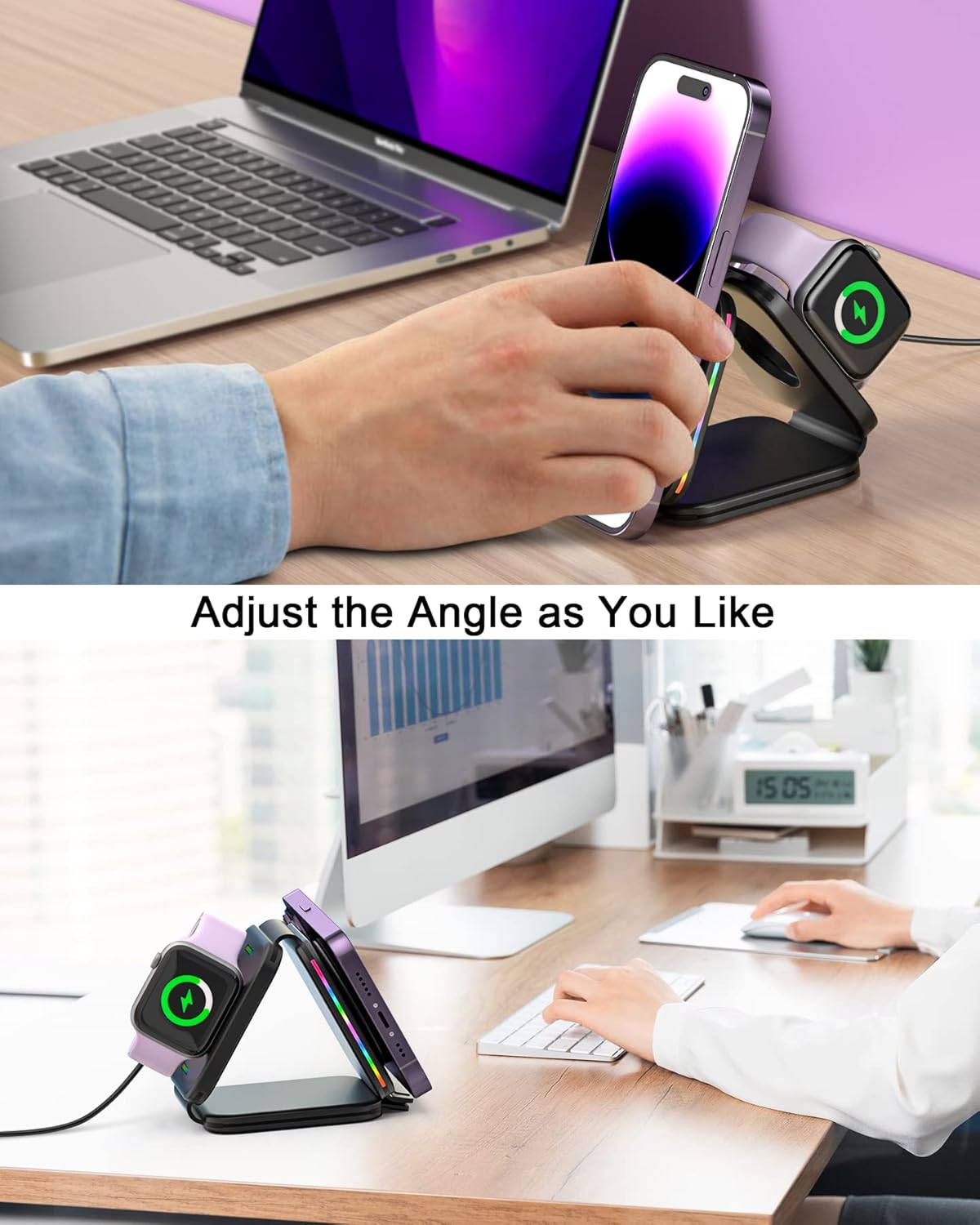 3 in 1 Magnetische Kabellose Ladestation, Mag-Safe ladegerät [Faltbar & Tragbar & Buntes Licht] Wireless Charging Ladepad für iPhone 14/13/12/11/XR/8 Serie,Samsung S22/21/20, iWatch, AirPods