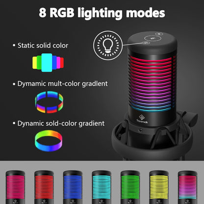 Squarock Gaming-USB-Mikrofon, Kondensatormikrofon mit 8 RGB-Leuchten, Schnellstummschaltung, Rauschunterdrückung, Streaming-Mikrofonmustersteuerung, Verstärkungsregelung, Desktop-Ständer für Podcast-Studioaufnahmen, YouTube