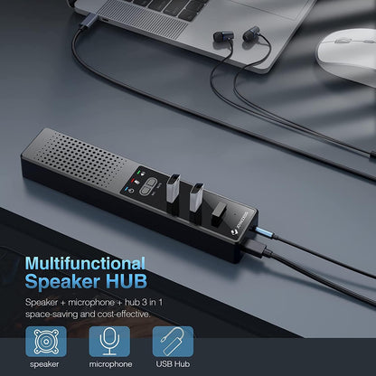 Haut-parleur d'ordinateur avec microphone, haut-parleur PC compatible USB JOYACCESS pour bureau à domicile intelligent et apprentissage en ligne, haut-parleur d'ordinateur 3 en 1 portable et externe avec hubs, Plug &amp; Play.