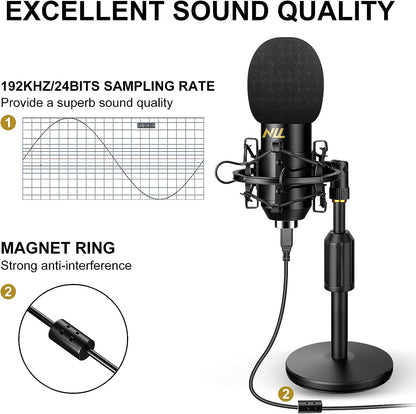 Professionelles USB-Mikrofonset für Studio-Audio, 192 kHz/24 Bit NLL-Kondensator-Computermikrofon, Plug &amp; Play-Desktop-Podcast-Mikrofon, Stoßdämpferhalterung, Popfilter, NC-012