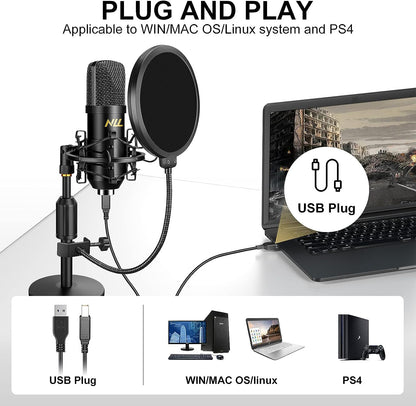 Professionelles USB-Mikrofonset für Studio-Audio, 192 kHz/24 Bit NLL-Kondensator-Computermikrofon, Plug &amp; Play-Desktop-Podcast-Mikrofon, Stoßdämpferhalterung, Popfilter, NC-012