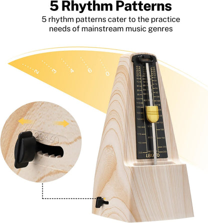 Métronome mécanique avec glocke, métronome universel LEKATO pour piano, guitare, ukulélé, violon et chromatique, ton de voix, haute précision de takt et tempo pour musicien, avec couleur bois