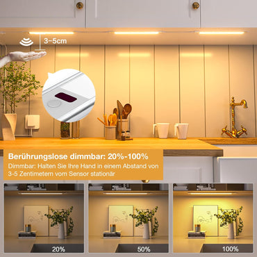 wobsion Unterbauleuchte Küche LED dimmbar mit berührungslosem Sensor, Küchenleuchte Unterbau LED 30 cm x 3 Stück in Warmweiß 3000 K, ultradünne LED-Lichtleiste Küche für Kleiderschrank, Vitrine [Energieklasse G]