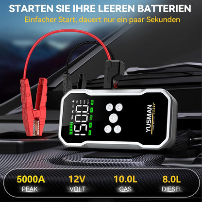 YUSMAN Auto Starthilfe Powerbank mit Kompressor, 5000A 150PSI Car Starthilfe Powerbank für pkw(Bis zu 10L Benzin/7L Diesel), 15800mAh 4-in-1 powerbank starthilfe mit 2 LED-Licht, Schnellladung,LCD
