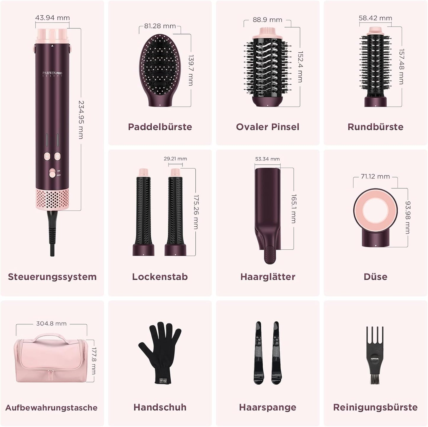 7 in 1 Airstyler, PARWIN PRO BEAUTY MaxAIR 2.0 Multi-Styler Set, Auto-Wrap Lockenstab, Geringere Hitzeschäden Glätteisen, 110000 U/Min Föhn, Volumenbürste, Styling, Glättung Pinsel, Jasper Plum