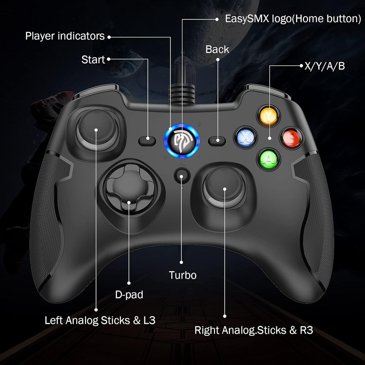 2 X in pack Controller EasySMX PC Controller, Controller Joystick für Spiele mit Kabel mit Dual-Vibration, Turbo und Fronttasten für Windows/ PS3 / Android TV Box