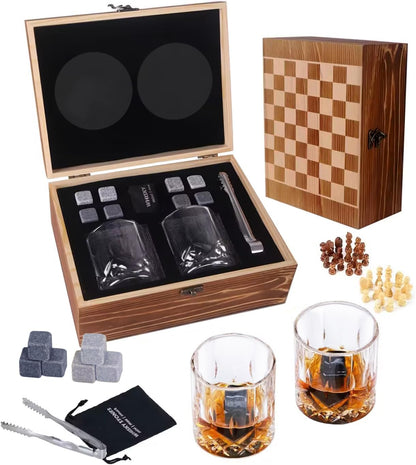 ZBPASL Whisky-Geschenkset für Männer, 8 Whisky-Steine mit 2 Whisky-Gläsern, Whiskyglas, Eiszange mit Holzbox (Stil 01)