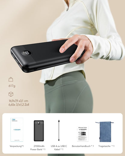 VEGER Power Bank 27000mAh 20W PD, Powerbank USB C Externer Handyakkus mit 4 Ausgängen und 2 Eingängen LED Tragbares Ladegerät,Kompatibel mit iPhone Samsung Huawei Tablet usw