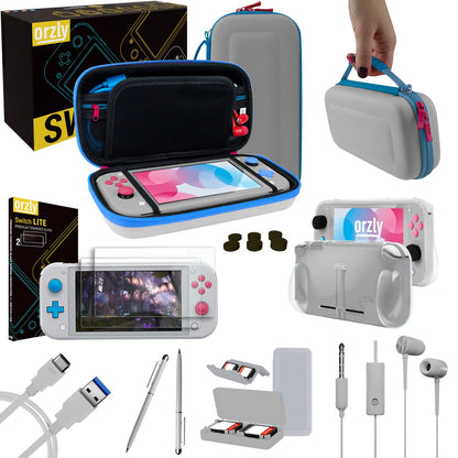 Orzly Switch Lite Case Set - Schutzhülle und Displayschutzfolie für Nintendo Switch Lite Konsole, USB-Kabel, Spielzeughalter, Griffhülle, Kopfhörerhalter, Daumengriff und mehr (Geschenkverpackung – Z&amp;Z Edition)