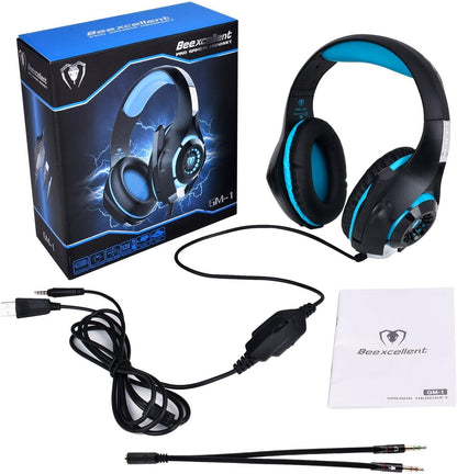 Beexcellent GM-1 Kabelgebundenes 3,5-mm-Over-Ear-Pro-Gaming-Headset Surround-Sound-Kopfhörer mit LED-Beleuchtung und Mikrofon für PS4, Xbox One, PC, Laptop, Tablet, Handy (Blau)