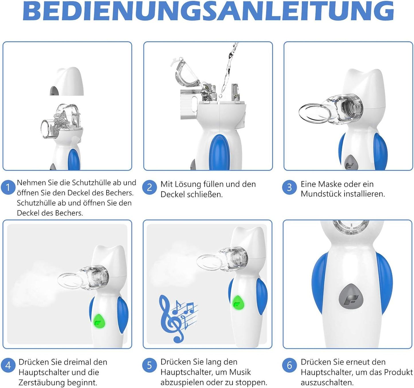FEELLIFE Inhalationsgerät für Kinder Leiser mesh  Inhalator für Babys Musikfunktion Tragbarer, Leicht & effektiv bei Atemwegserkrankungen 2 Medizinbecher inklusive (Blau)