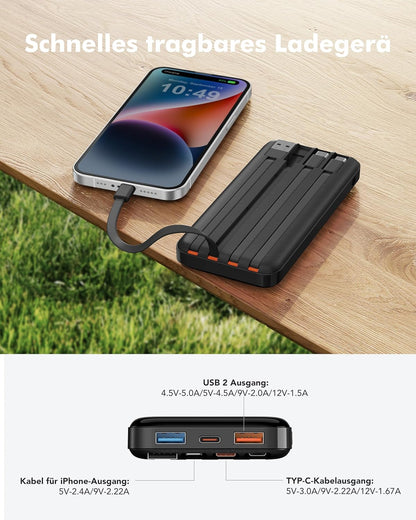 Charmast Power Bank, 22,5W Powerbank 20000mAh mit Kabel USB C und LED-Display, PD3.0 QC4.0 Externe Handyakkus mit 6 Ausgängen Kompatibel mit iPhone 16 15 14 13 12 11 Pro Max Plus Samsung Huawei Tablet