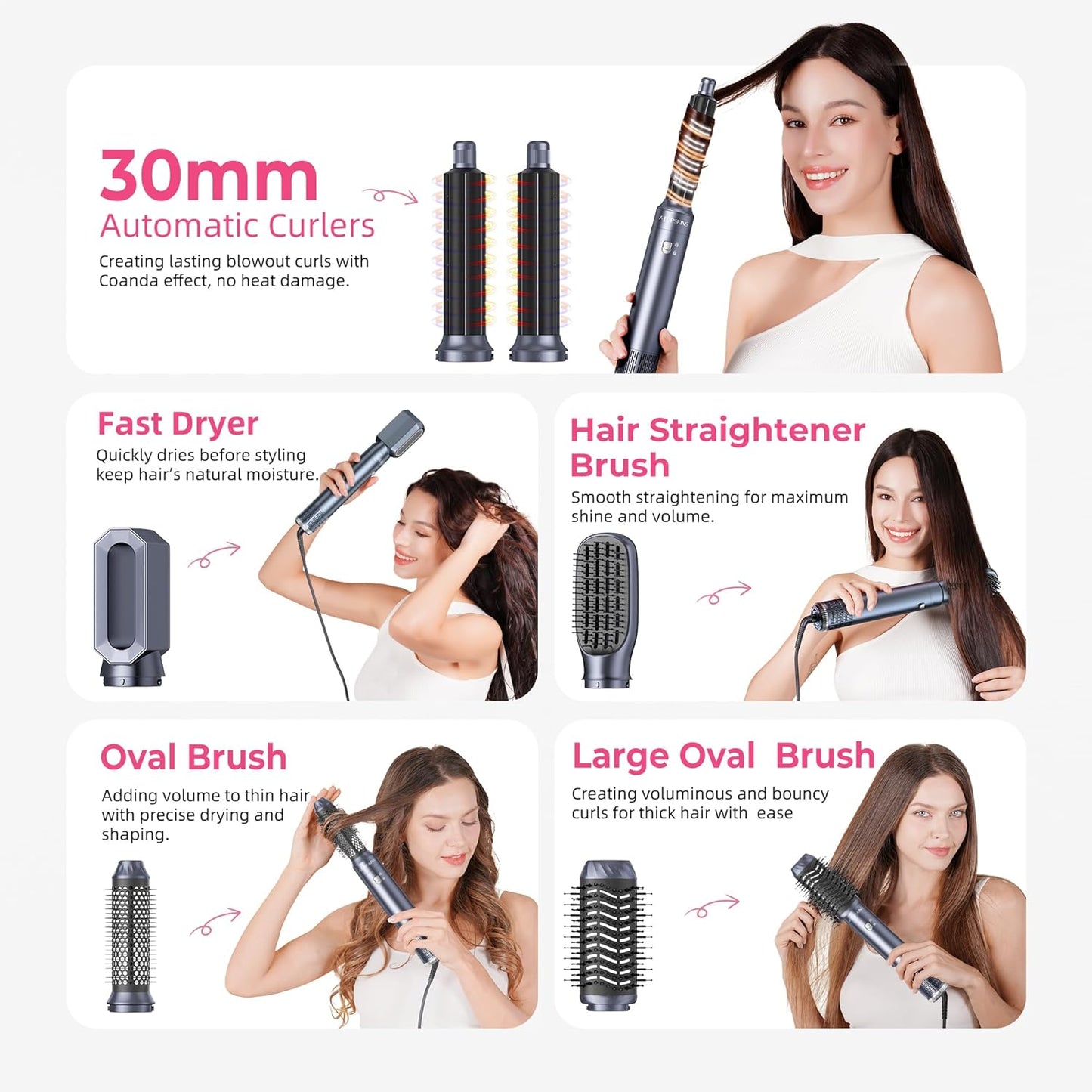 Atopskins Pro Air styler 6 in 1 Airbrush Haarstyler Hair Styler mit Rundbürste, Warmluftbürste, Föhnbürste, Haartrockner, Air Culer, Hairstyler Airstyler für Alle Haartypen, Trocknen, Glätten, Locken
