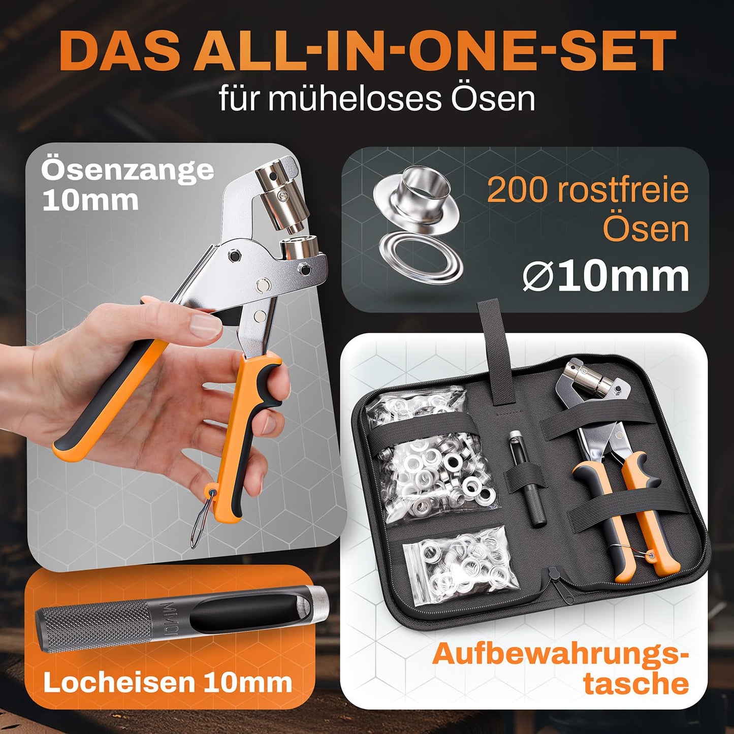 CRAFTUS® Profi Ösenzange Set mit 200 rostfreien Ösen (Ø 10mm) I Magnetische Ösenpresse aus gehärtetem Stahl für Stoffe & Planen I Ösenstanze für Planenösen & Metallösen