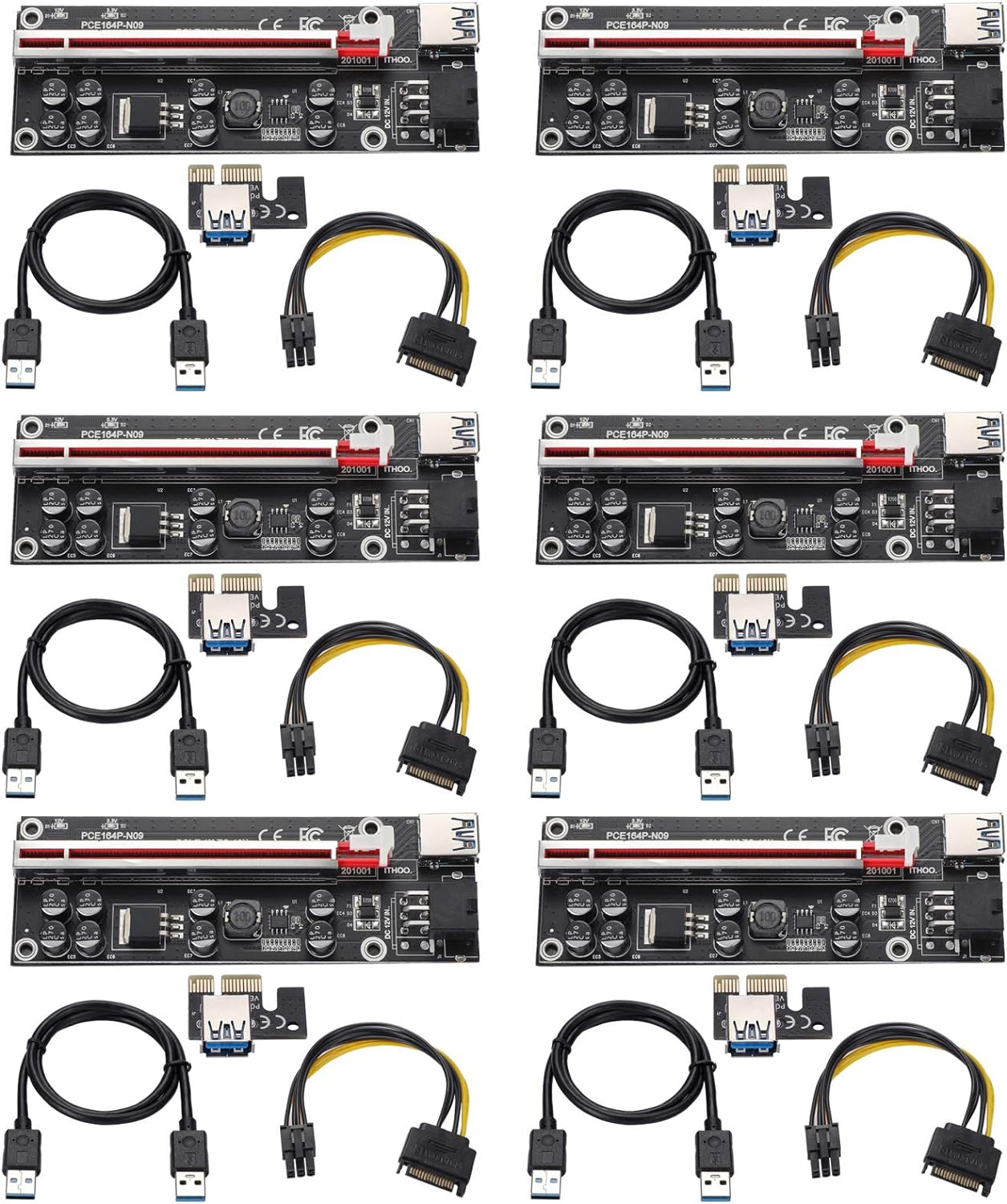 BEYIMEI PCI-E 1 x auf 16 x Riser-Karte, mit 60 cm langem USB-3.0-Verlängerungskabel und 6-poligem SATA-Stromkabel – GPU-Extender-Riser-Karte – für Bitcoin Ethereum Mining ETH (VER009S, 6 Stück)