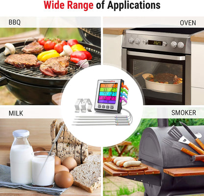 ThermoPro TP17H Digitales Grillthermometer Bratenthermometer Fleischthermometer Ofenthermometer mit 4 Edelstahlsonden, Blaue Hintergrundbeleuchtung, Temperaturbereich bis 300°C