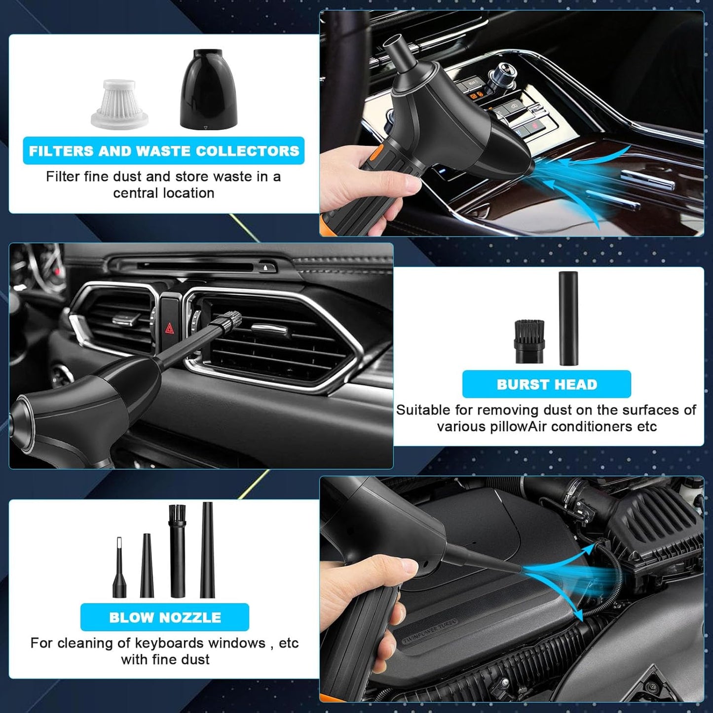 GZkedu Kabellos Handstaubsauger Akku, 18000Pa Typ-C Auto Staubsauger Kabellos, 2 in 1 Staubsauger & Gebläse, USB Aufladbar Tragbar Handstaubsauger für Auto Haus Küche Tierhaar Reinigung