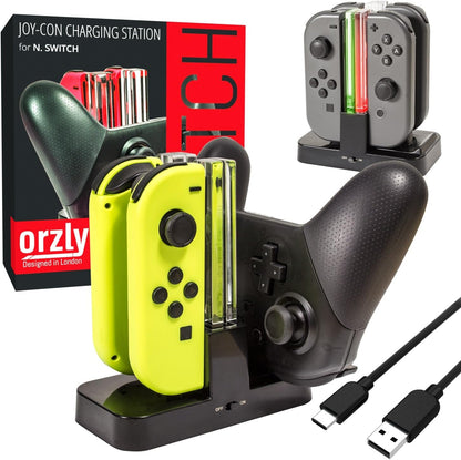 Orzly Ladestation für Switch Controller Pro Controller und JoyCons, Dockingstation [mit einzelnen LEDs und USB Type-C Kabel]