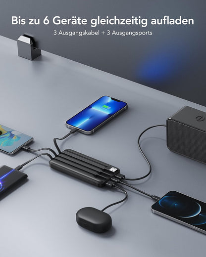 Charmast Power Bank, Slim 10000mAh Powerbank mit Kabel USB C und LED-Display, 6 Ausgängen Klein Aber Stark Externe Handyakkus Kompatibel mit iPhone 16 15 14 13 12 11 Pro Max Plus Huawei Samsung Tablet